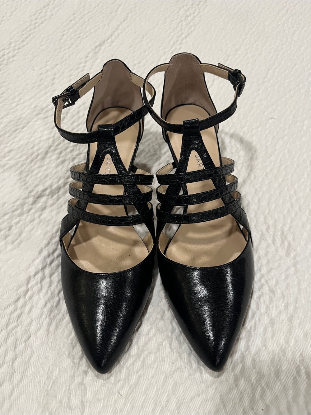 Franco Sarto Classic Black Pointed-Toe. Ankle Strap Cage Heels SZ 9.5